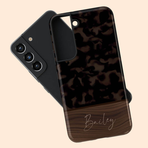 Custom Wood Name Dark Tortoiseshell Galaxy Case